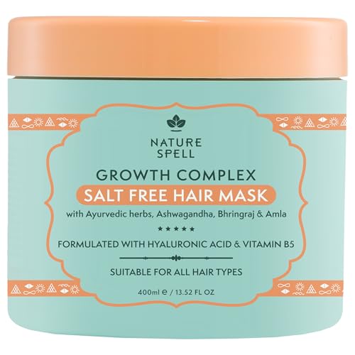 Nature Spell Máscara de crecimiento sin sal 400 ml – Infundido con hierbas ayurvédicas – Estimula el crecimiento saludable del cabello – 100% vegano