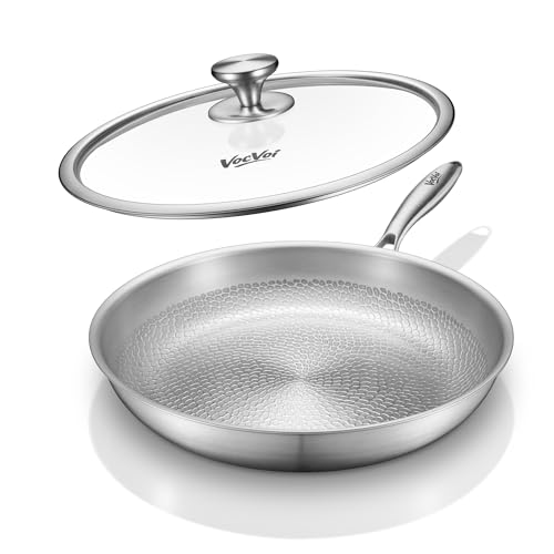 Image of Titanium pans for cooking Non Stick with lid,12" Uncoated Hammered titanium pro frying pan, PFAS Free Cookware, Butter warmer skillet, Induction & Oven-Safe