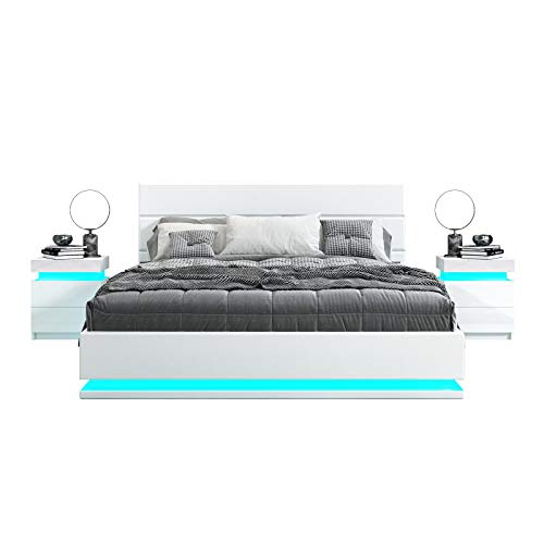 Bed Frame with Storage, 4FT6 Double Faux Leather Bed, Ottoman Gas Lift Storage Bed Frame, LED Double Size Bed for Bedroom Home, White