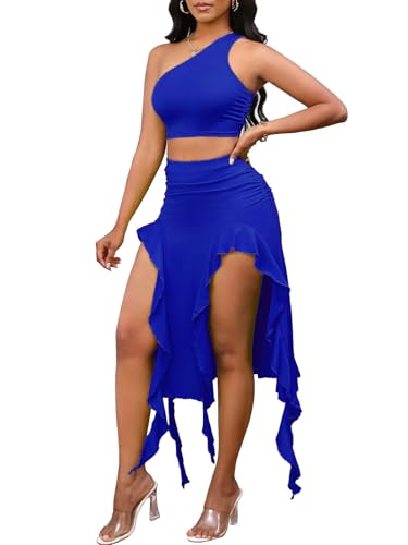 Image of BARASA Women Summer 2 Piece Skirt Sets Comfy Ruffle Trim Irregular Split Sexy Y2k Club Party Tops Jellyfish Skirt Suits S69