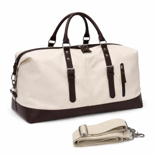 Image of CAVALO - Be Unique Vintage Canvas Travel Duffel Bag for Men & Women, 40L Large Capacity Weekender Bag with Detachable Shoulder Strap, Leather Handles, for Travel, Gym & Business Trips (White)