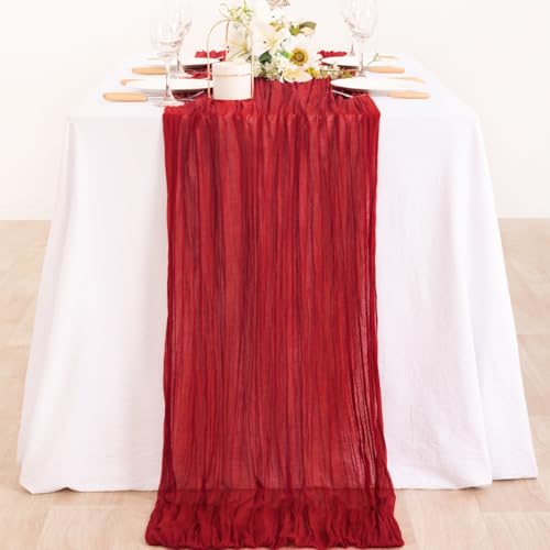 Image of MLMC 6 Pack Red Table Runner Boho Rustic Gauze Cheesecloth Table Runner Sheer Cheese Cloth Centerpiece Decor 65x120 Inches for Wedding Reception Annniversary Decor
