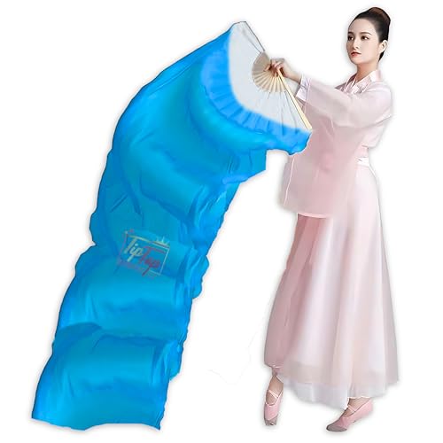Image of Premium Dancing Long Veil Bamboo Folding Streamer Silk Hand Fan For Dance Shows (Electric Blue, Pack of 1 Piece)