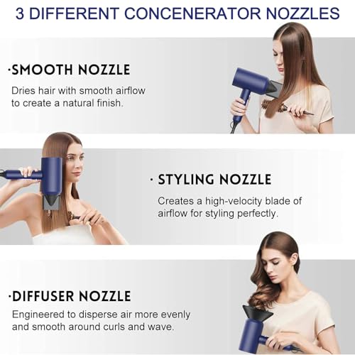 Image of Slopehill Professional Ionic Hair Dryer, Powerful 1800W Fast Drying Low Noise Blow Dryer with 2 Concentrator Nozzle 1 Diffuser Attachments for Home Salon Travel (Prussian Blue)