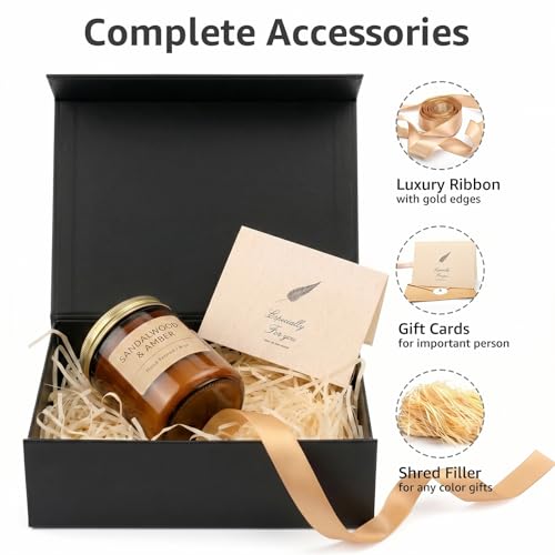 Image of LIFELUM 5 Pack Black Collapsible Gift Boxes 9.5 x 7 x 3.5 inch with Magnetic Lids, Ribbon, Greeting Cards, Shredded Paper Filler for Father's Day, Groomsmen, Holiday, Christmas Presents