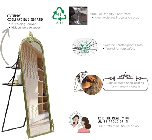 Image of Full Length Mirror with Ornate Frame Tall Standing Floor Mirror for Bedroom, Dressing Room & Living Room (Glam Gold (with Stand))