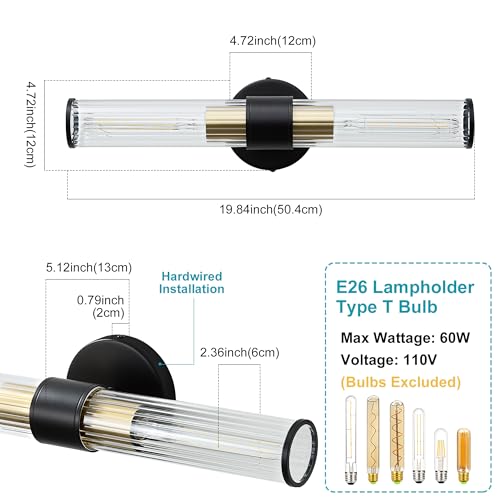 Image of Bathroom Light Fixtures, Black Gold Wall Sconce in Threaded Glass Vanity Light, Modern Bathroom Wall Light for Bedroom, Living Room - Bulb Not Included