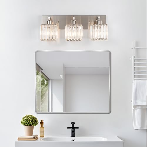 votag Modern Bathroom Vanity Light 3-Lights, Modern Chrome Crystal Light Fixtures Over Mirror, Chrome Bathroom Vanity Lighting Crystal Wall Sconce
