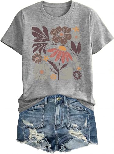 Graphic Tees for Women Vintage Boho Style Shirts Floral Fall Tops Grey