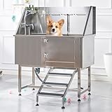 Albott 50 Inch Stainless Steel Dog Washing Station with Non-Slip Steps, Sprayer, Faucet, Soap Box – Professional Pet Bathtub for Small and Medium Pets, Use at Home, Garage, or Grooming (Right Door)