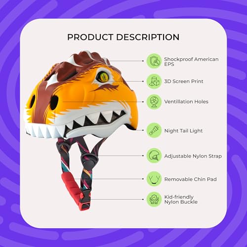 Image of Headzup Mystic Dragon 3D Cycling Helmet with Tail Light | Lightweight & Adjustable Size | Unisex Multi-Sport Helmet for kids Toddlers Boys Girls | For Age 3-10 | For Cycling, Skating (48-52cm)(Yellow)