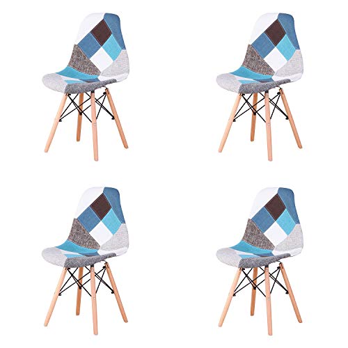 N / A Pack de 4 sillas Sillas de Retazos Multicolores en Tela de Lino Sillas de Sala de Estar de Ocio Sillas de Comedor con Respaldo de cojín Suave (Azul)