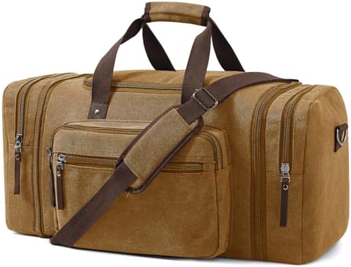 Erweiterbare Reisetasche 55L, Kompakte Sporttasche Herren Damen | Robuste Stofftasche für Reisen, Fitness und Business, Handgepäcktasche (Kamelbraun)
