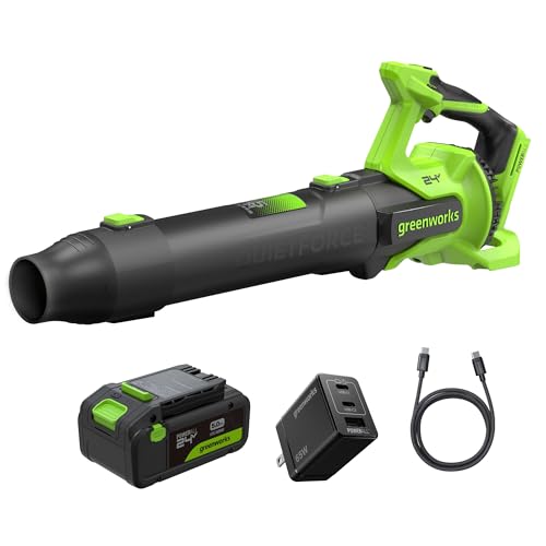 Image of Greenworks 24V Electric Leaf Blower, 515 CFM, 5.0 Ah Battery and Charger