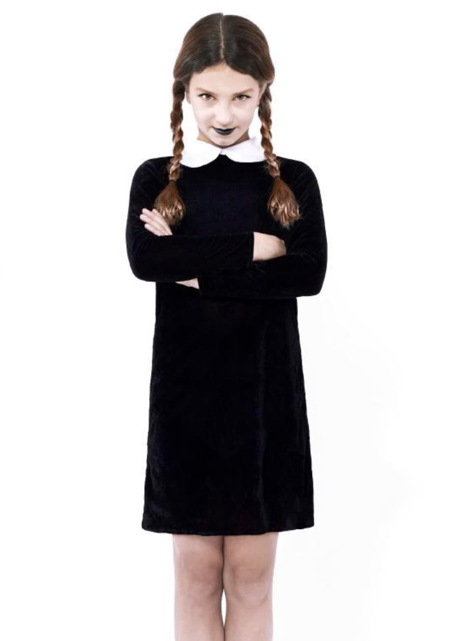 Partilandia Disfraz de Miércoles Niña, Strange Girl Vestido Negro Familia Addams Cosplay para Halloween Carnaval