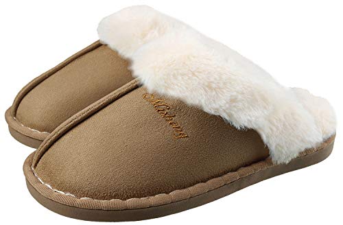 ChayChax Femmes Hommes Chaussons Hiver Fourrure Chauds Confort Pantoufle Maison en Daim Mémoire Mousse Intérieur/extérieur, Marron, 42/43 EU = Fabricant 44/45