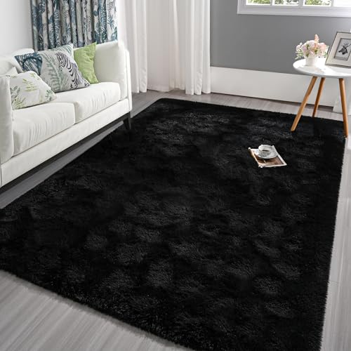 Pettop Fluffy Black Rug for Bedroom Living Room, 3x5 Feet Rectangle Rug Plush Fuzzy Carpet for Girls Kids Boys, Non-Slip and Washable Rug for Nursery Classroom, Home Decor Rug