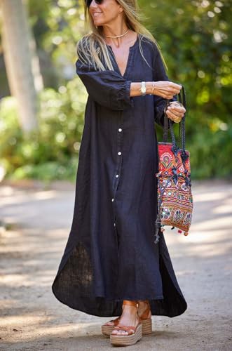 Image of chouyatou Women Summer Long Sleeve Notch Neck Maxi Linen Shirt Dress Loose Button Down Tunic Shift Dress