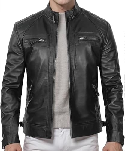 DECIMAL Men's Black Genuine Lambskin Leather Biker Jacket VINTAGE REAL MOTORCYCLE JACKETS FOR MEN (US, Alpha, Small, Regular, Regular, UBLACK)
