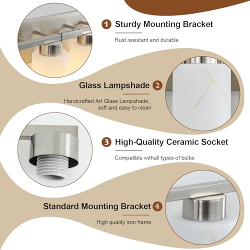 Image of 8-Light Bathroom Light Fixtures, Modern Vanity Lights, Brushed Nickel Metal Wall Lamp with White Marble Glass for Bathroom, Mirror, Living Room, Bedroom, Cabinet, Porch, Hallway, E26 Base