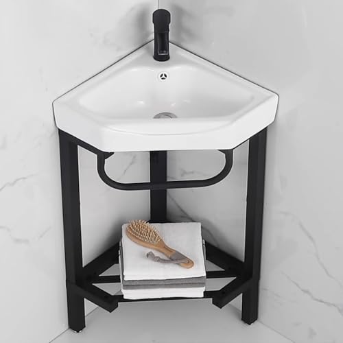 HOLGVE Lavabo d'angle, Meuble-lavabo d'angle en Céramique, Lavabo avec Étagère de Rangement, Lavabo de Jardin Extérieur, Lavabo sur Pied d'angle, Lavabo d'angle Autoportant(15inchx38cm)