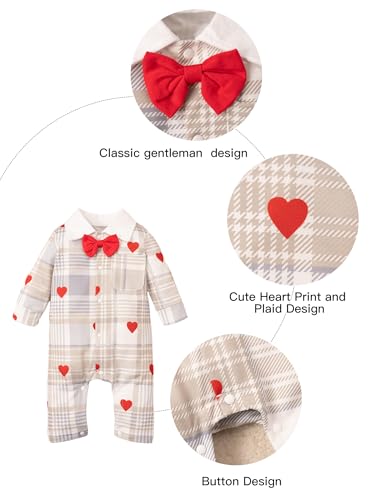 Woleroyir Baby Boy Valentine's Day Outfit Gentleman Bowtie Tuxedo Suit One Piece Romper Heart Print Bodysuit, Red, 9 to 12 Months — view 6
