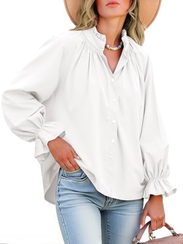 Tankaneo Womens Puff Long Sleeve Button Down Shirts Pleated V