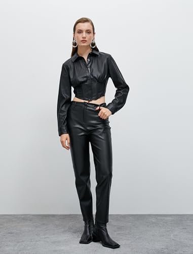 Koton Kadın Suni Deri Crop Gömlek Korse Detaylı Siyah, 42 - Görsel 2