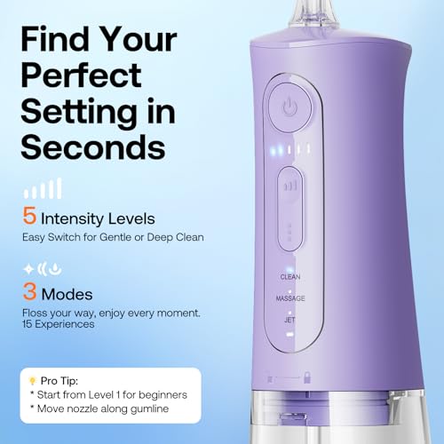 Image of Bitvae Water flosser Cordless, Portable Water Flosser for Teeth, IPX7 Waterproof Water Teeth Cleaner Picks, 3 Modes 5 Intensities, USB Rechargeable Water Dental Picks for Cleaning - Lavender