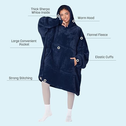 Oversized Hoodie Blanket, Warm Gifts for Women Men, Fluffy Sherpa Wearable Hooded Sweatshirt Blanket, Giant Hoodies Sweater with Front Pocket for Adults Friends, Dark Blue