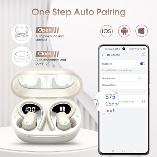 Image of Wireless Earbuds, Bluetooth 5.4 Headphones Sport, Over Ear Buds with ENC Noise Canceling Mic, Deep Bass Stereo Ear Buds with Hook, 50H Playback, LED Display, IP7 Earphones for Workout Running, White