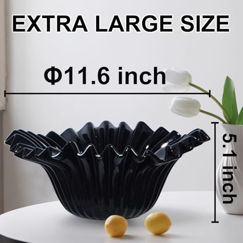 LALASTAR Large Decorative Bowl, Fruit Bowl for Kitchen Counter, Modern Home Decor, Ceramic Centerpiece for Entry Table, Coffee Table Decor, Minimalist Ruffle Decor, 11.6", Black — view 2