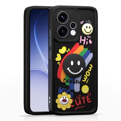 Image of Pikkme Back Cover for Oppo Reno 15 5G | Soft Silicone| Cute Rainbow Smile & 3D Cartoon Flower Design | Shockproof Raised Camera Protection Bumper Case (Black)