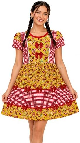 Vestido Adulto Caipira Festa Junina Estampa Floral Xadrez