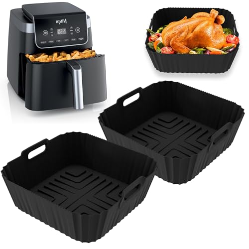 2PCS Air Fryer Silicone Liners for Ninja Air Fryer PRO 4.7L, 6.2L, Dual Air Fryer Silicone Liners Reusable Air Fryer Accessories for Ninja AF140UK AF180UK (Black)