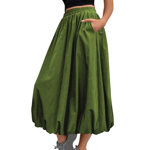 Women Casual Midi Skirts 2025 Summer Trendy Solid Color Elastic Waist Flowy A-Line Versatile Skirt with Pocket
