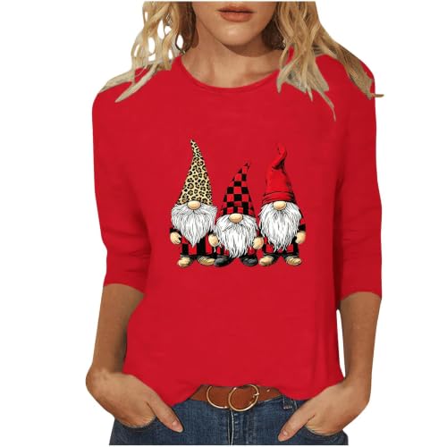 Christmas Tops for Women Gnome Print Crew Neck Cozy Holiday Red 2X | Gnome Print, Crew Neck, Three Quarter Sleeve, Loose Fit, Cozy Winter, Polyester Blend - image 1