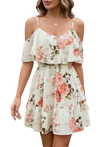 Image of SOLY HUX Women's Boho Floral Print Cold Shoulder Dress Short Sleeve Ruffle A Line Vacation Elegant Mini Dresses