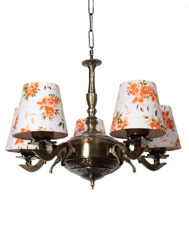 Image of Devansh 05 Lights Printed conical Cotton Shade with Antique Golden Chandelier -A
