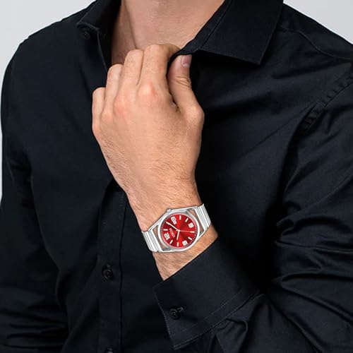 Image of LOREM Men's Stainless Steel Watch, Black Round Dial, Silver Band, Date Display, Quartz Movement