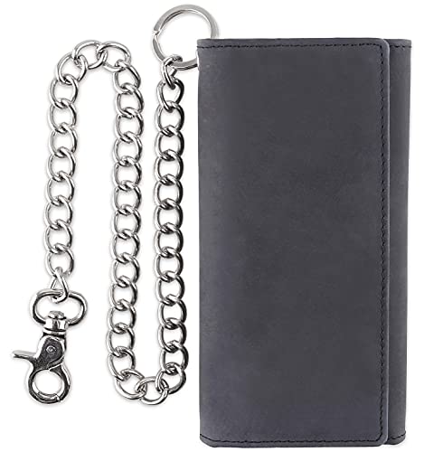 Image of F&L CLASSIC Chain Wallets for Men buffalo premium leather RFID blocking long style Tri-fold for Trucker, bikers, black buffalo