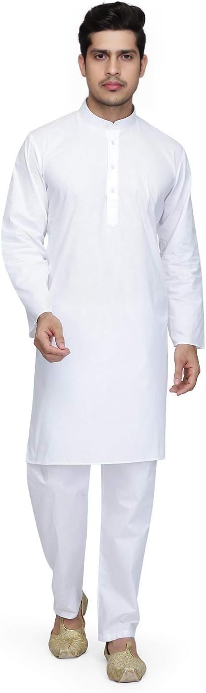 cigain Indian Cotton White Kurta Pajama Set for Men's and Boy's-picture-12