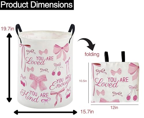 Image of ESSME Kids Laundry Basket,Pink Hamper Collapsible Canvas Waterproof Storage Bin for Girls, Cute Hamper,Gift Baskets(bow)