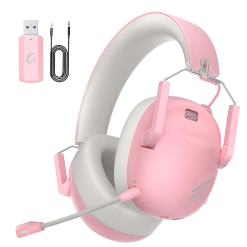 Wireless Gaming Headset for PS5, PS4, PC, NES, Bluetooth 5.3 Gaming Headsets Wireless with Noise Canceling Microphone, Gamer Headphones for Nintendo Switch, 50H Battery – Pink