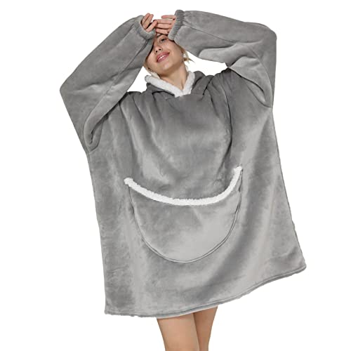 Couverture à capuche surdimensionnée en flanelle pour adulte, couverture polaire sherpa avec poche pour homme et femme, couverture chaude et confortable avec manches, gris clair, taille unique Cover