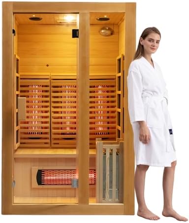2-Person Far Infrared & Steam Dual-System Sauna Room, Hybrid Indoor Wooden Sauna with 3.5KW Heater, 6 Heating Elements and Heating Stove, Built-in Sound System, Oxygen Bar, 7-Color Lights,220V