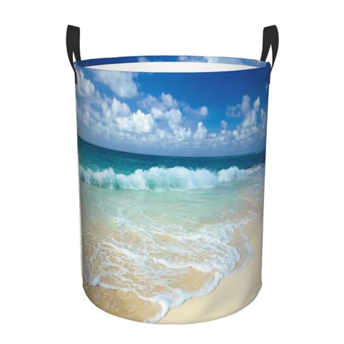 Serene Coastal Print ﻿circular Laundry Basket/Foldable Dirty Clothes Storage Hamper,Water Resistant, For Bedroom Bathroom Storage Bins