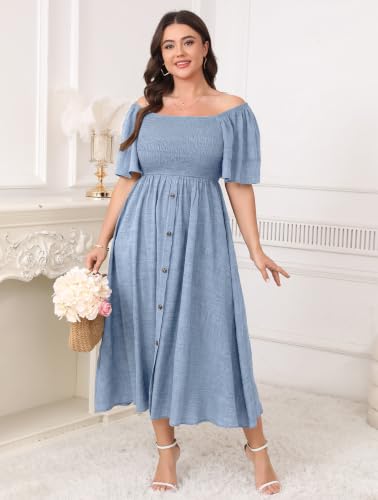 Image of Plus Size Casual Maxi Boho Dress for Curvy Women Short Sleeve Square Neck Smocked Summer Beach Dresses Button Down
