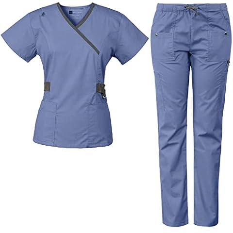 Medgear Luna Women's 4 way stretch Crossover Neckline Contrast Top Slim Leg Pant scrub Set (cornflower, xs) Cover
