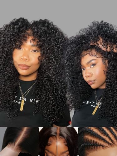Image of Kinky Curly Human Hair Glueless Wigs Bye-Bye Knots 180% Density Pre Cut 7x5 Lace Front Middle Part Micro Twist Curly Wig with Finger Coils End for Natural Afro Texture Pre Plunked Knots 22Inch